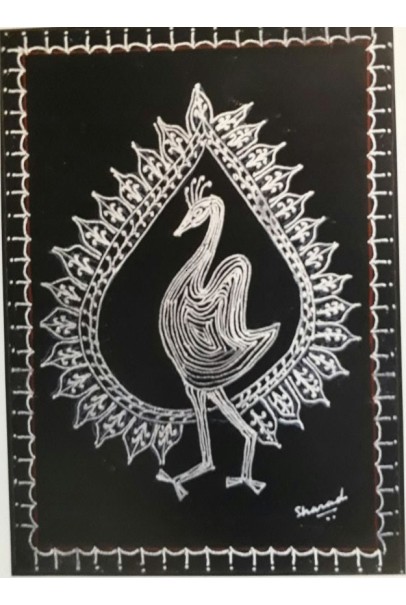 silver peackock Warli art (Canvas) with frame ( 12"X18") silver peackock Warli art (Canvas) with frame ( 12"X18")